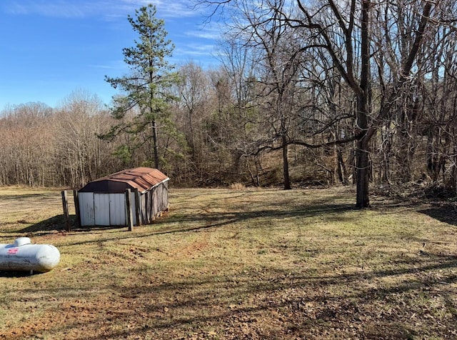 view of yard featuring an outbuilding, a view of trees, and a storage unit