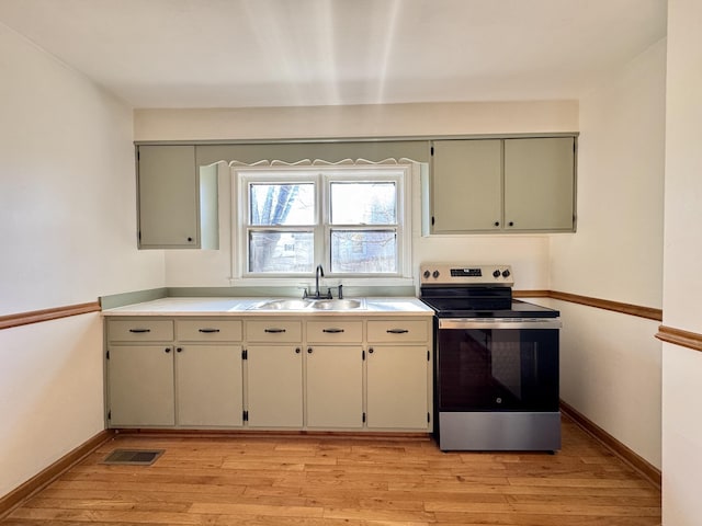 kitchen with light wood-style flooring, a sink, visible vents, baseboards, and stainless steel range with electric stovetop