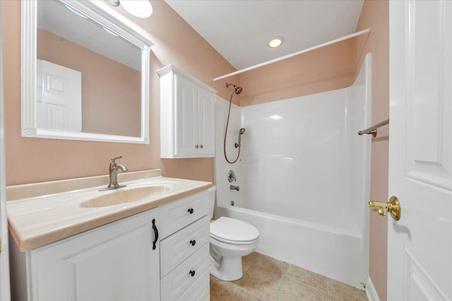 bathroom with toilet, shower / bathing tub combination, vanity, and tile patterned floors
