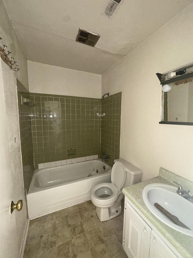 full bath featuring toilet, vanity, visible vents, and shower / bathtub combination