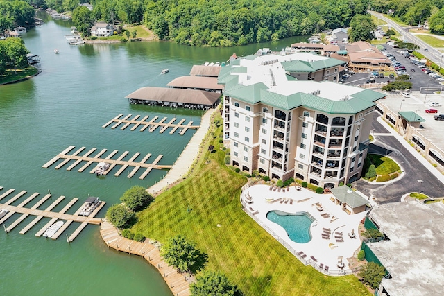 bird's eye view with a water view