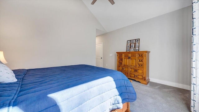 bedroom featuring lofted ceiling, carpet floors, ceiling fan, and baseboards