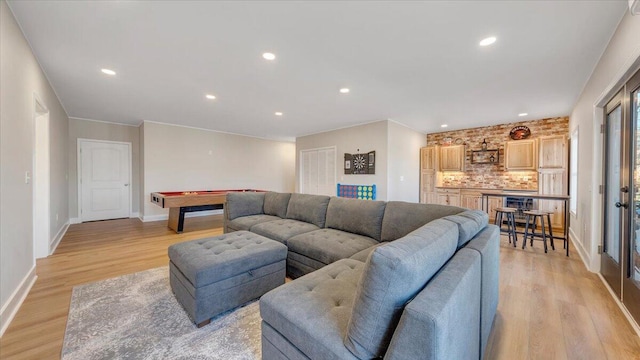 living area featuring light wood-type flooring, pool table, baseboards, and recessed lighting