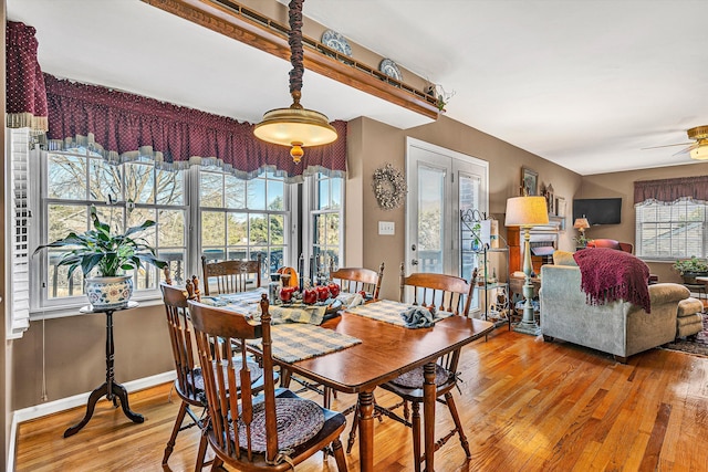 dining area featuring ceiling fan, wood finished floors, and baseboards