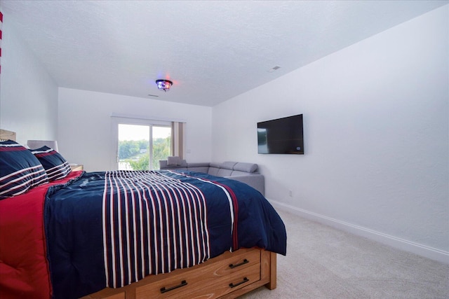 bedroom with baseboards, a textured ceiling, and light colored carpet