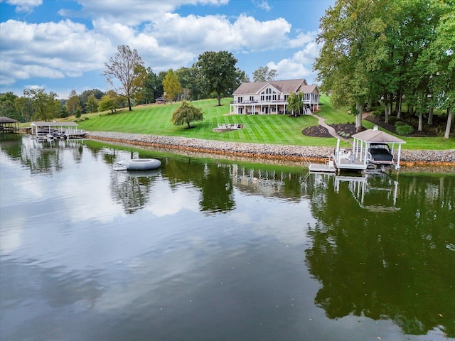 view of water feature featuring a boat dock and boat lift