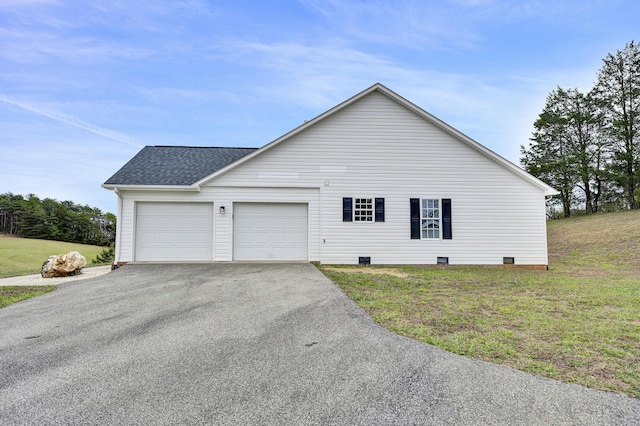 view of home's exterior featuring crawl space, a shingled roof, and a lawn