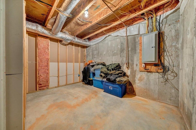 unfinished basement featuring electric panel