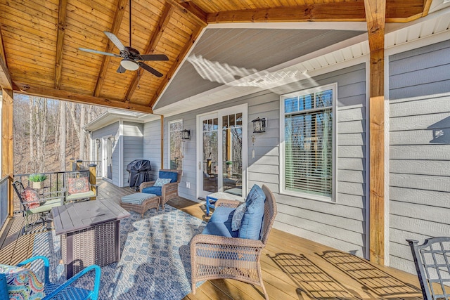 view of patio with ceiling fan, an outdoor hangout area, and french doors