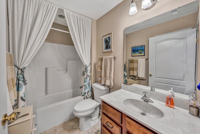 bathroom featuring shower / tub combo, vanity, toilet, and tile patterned floors