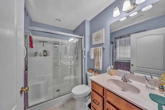 full bathroom with toilet, a stall shower, visible vents, and vanity