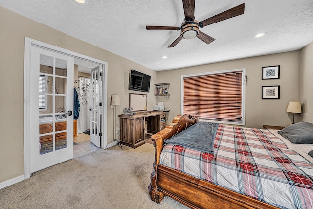 bedroom with french doors, recessed lighting, a ceiling fan, light carpet, and a textured ceiling