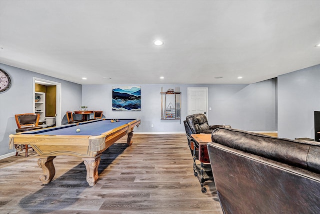 recreation room featuring recessed lighting, billiards, baseboards, and wood finished floors