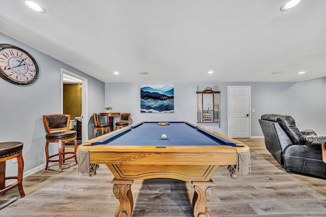 rec room with pool table, recessed lighting, wood finished floors, and baseboards