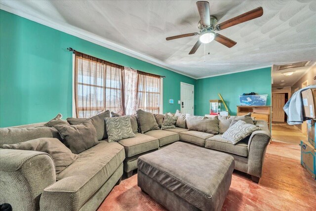 2930 Roanoke St, Christiansburg, VA 24073 - living area featuring visible vents, wood finished floors, ceiling fan, and ornamental molding