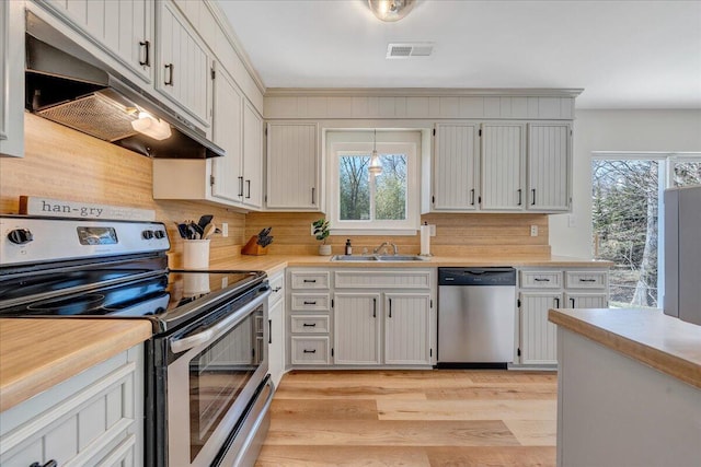 kitchen with visible vents, under cabinet range hood, a sink, appliances with stainless steel finishes, and light countertops