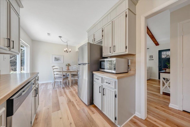 kitchen featuring visible vents, beam ceiling, light wood-style floors, appliances with stainless steel finishes, and tasteful backsplash