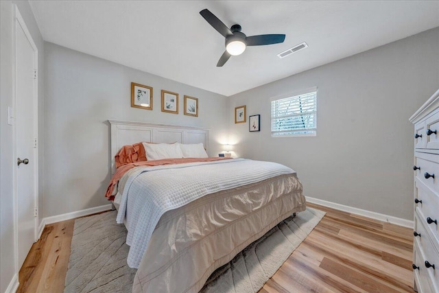 bedroom with a ceiling fan, baseboards, visible vents, and light wood-type flooring