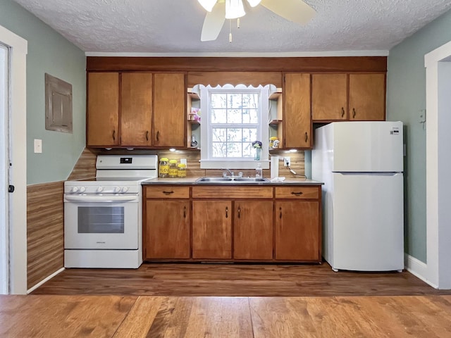 kitchen with open shelves, white appliances, wood finished floors, and a sink