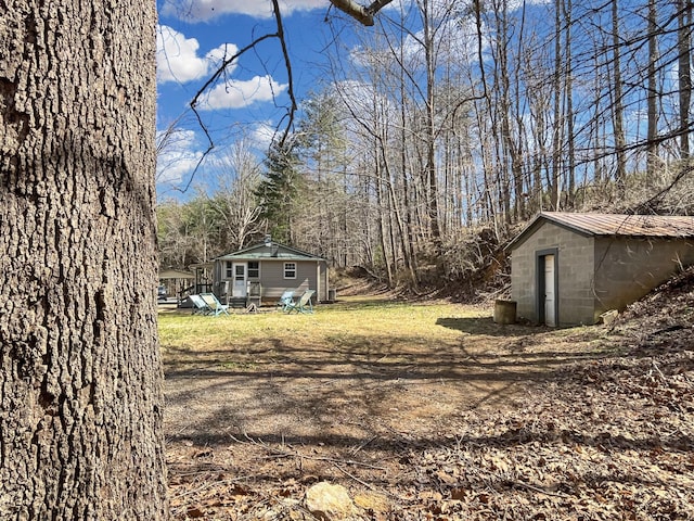 view of yard featuring a storage shed and an outbuilding