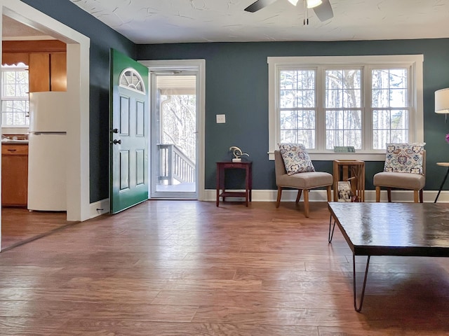 entrance foyer featuring baseboards, a ceiling fan, and wood finished floors