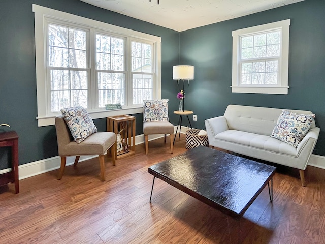 living room with baseboards and wood finished floors