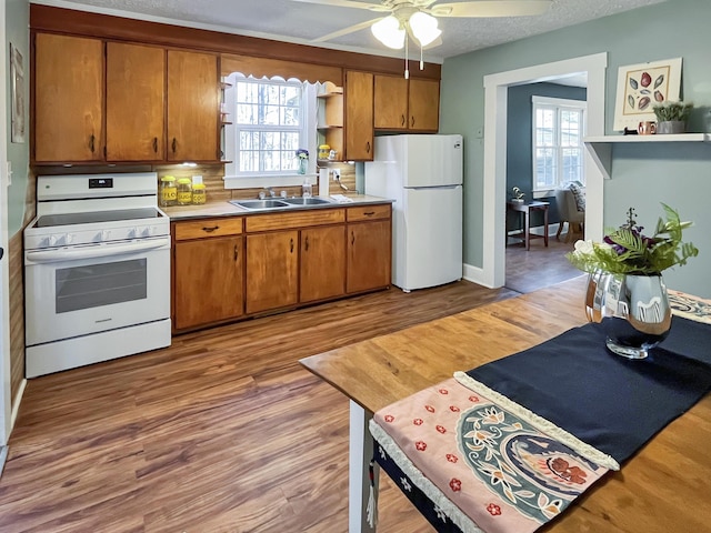 kitchen featuring white appliances, a wealth of natural light, brown cabinets, and open shelves