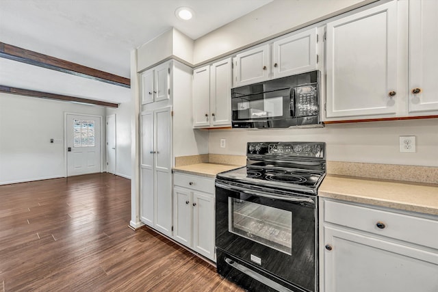 kitchen featuring black appliances, light countertops, baseboards, white cabinetry, and dark wood-type flooring