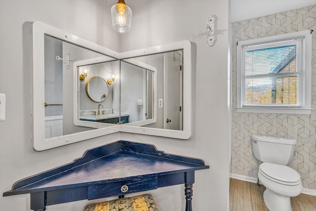 bathroom with wood finished floors, baseboards, and toilet