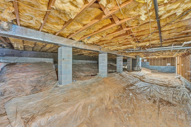 below grade area featuring crawl space and concrete block wall