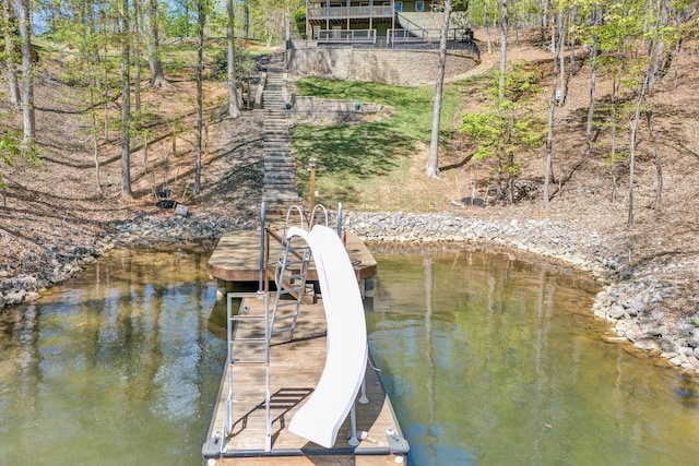 dock area featuring stairs and a water view
