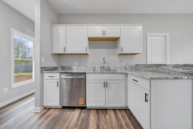 2236 Kenwood Blvd SE, Roanoke, VA 24013 - kitchen featuring dishwasher, a sink, wood finished floors, white cabinetry, and light stone countertops