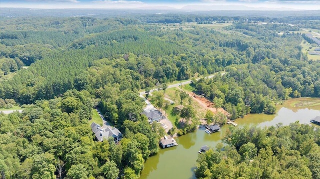 drone / aerial view featuring a water view and a view of trees