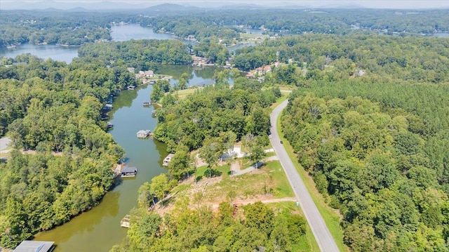 aerial view with a water view and a wooded view