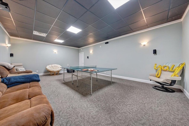 rec room with carpet, baseboards, and crown molding