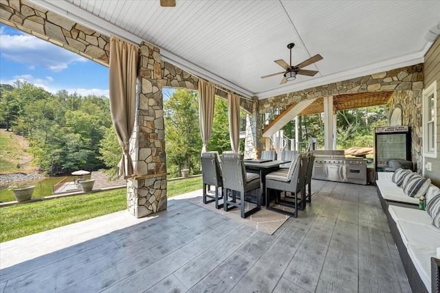 view of patio featuring ceiling fan, an outdoor hangout area, outdoor dining area, and area for grilling