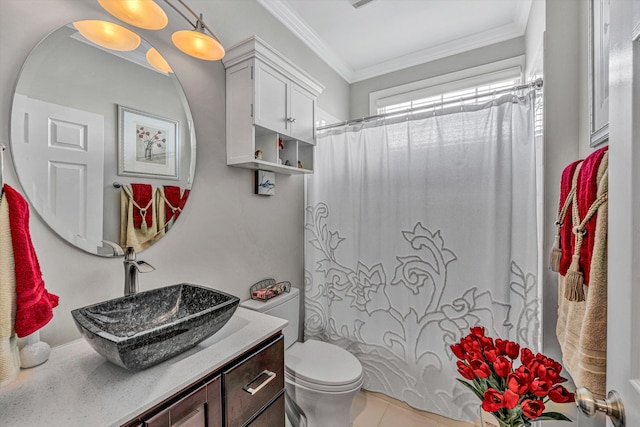 full bathroom with a shower with shower curtain, toilet, ornamental molding, vanity, and tile patterned flooring