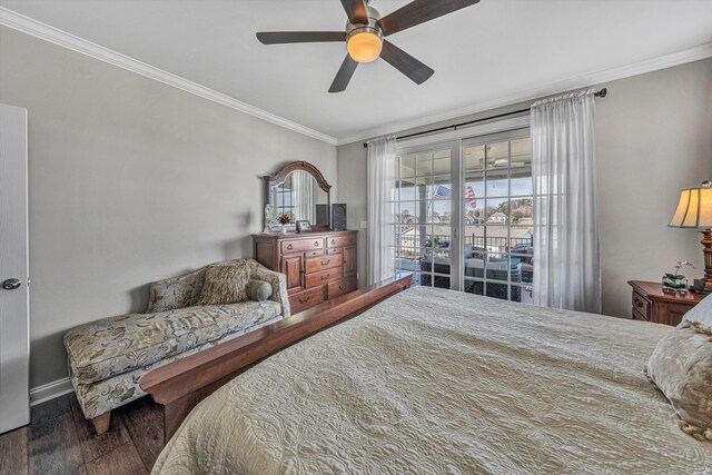 bedroom featuring a ceiling fan, ornamental molding, and wood finished floors