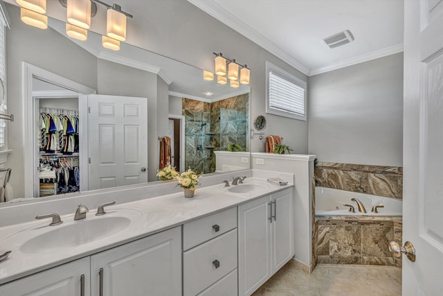 bathroom with double vanity, a sink, a bath, and crown molding