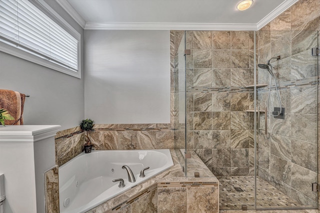 full bath featuring a tub with jets, a stall shower, and crown molding