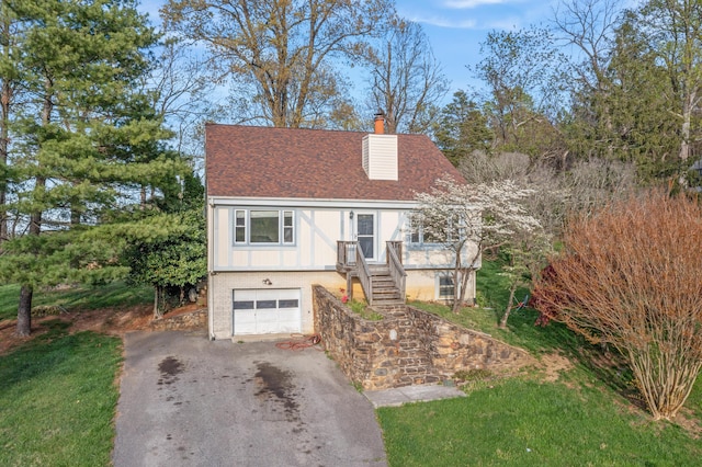 42 Keswick Ct, Troutville, VA 24175 - cape cod home with roof with shingles, a chimney, a garage, stairway, and aphalt driveway