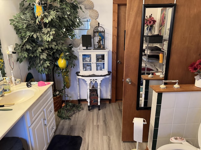 bathroom with wood finished floors and vanity