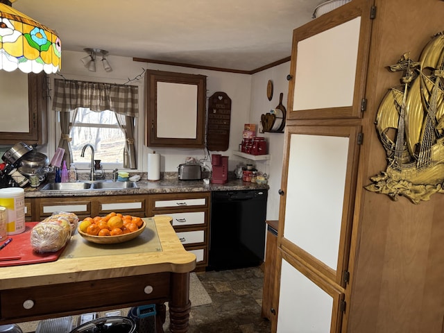 kitchen with a sink, wood counters, black dishwasher, stone finish flooring, and crown molding