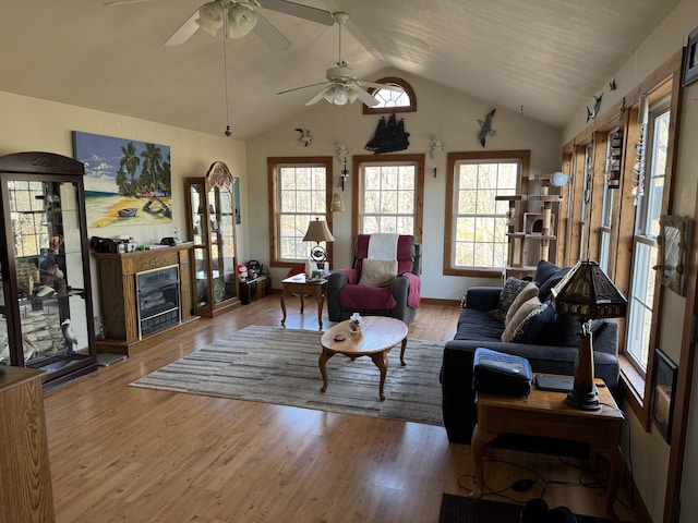 living area featuring lofted ceiling, plenty of natural light, and wood finished floors