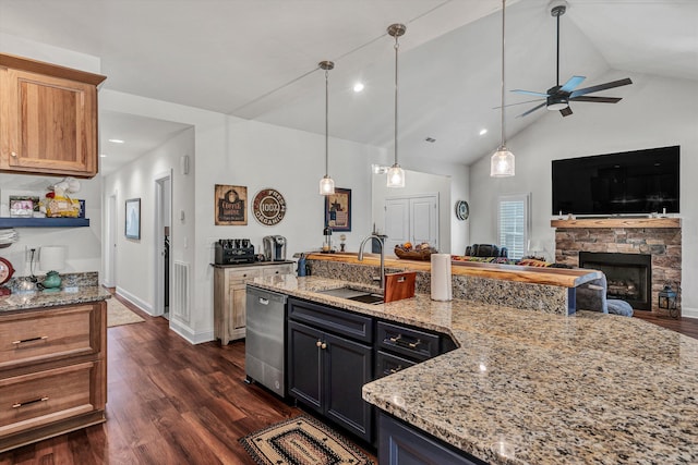 kitchen featuring a sink, light stone countertops, dark wood-type flooring, and stainless steel dishwasher