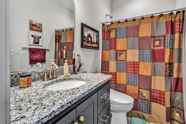 full bathroom featuring toilet, curtained shower, and vanity