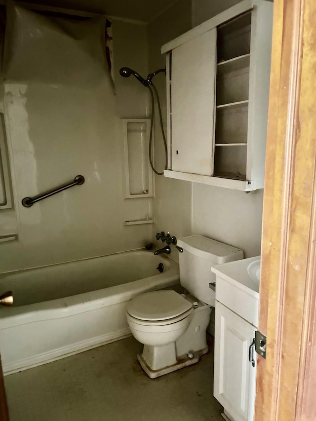 bathroom with bathtub / shower combination, vanity, and toilet