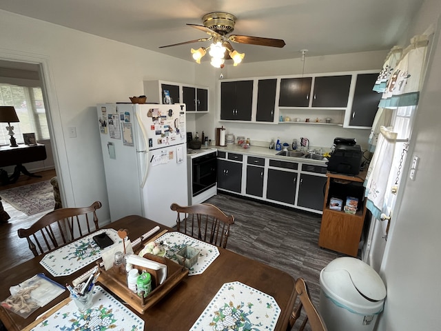 23 Upland Dr, Salem, VA 24153 - kitchen with freestanding refrigerator, dark cabinets, range with electric stovetop, open shelves, and a ceiling fan
