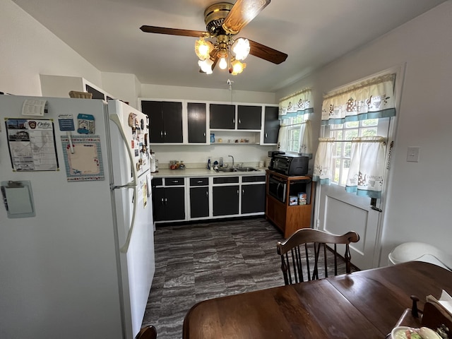 23 Upland Dr, Salem, VA 24153 - kitchen featuring freestanding refrigerator, ceiling fan, a sink, open shelves, and light countertops