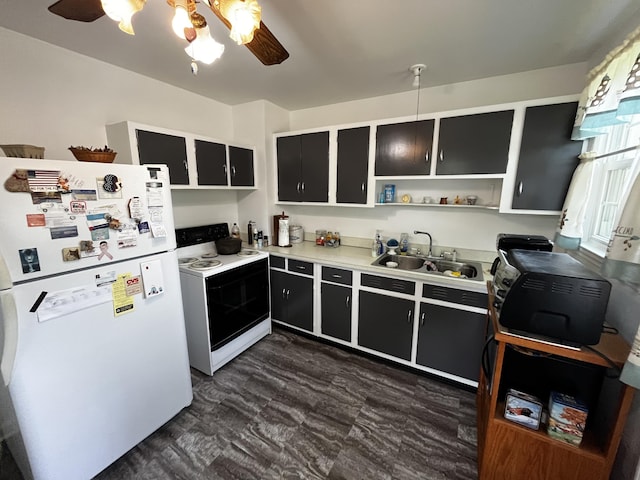 23 Upland Dr, Salem, VA 24153 - kitchen with white appliances, dark cabinetry, a sink, open shelves, and ceiling fan